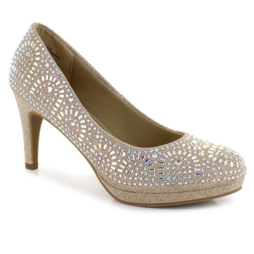 BNWB Silver Slipper Romance Gold Rhinestone Glitter Heels